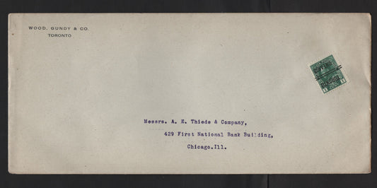 Canada #104xx 1c Dark Green King George V, 1911-1928 Admiral Issue, A VF Domestic Printed Matter Cover Franked With Single Bearing Inverted Toronto Style 5 Precancel, Wood Gundy & Co. Corner Card