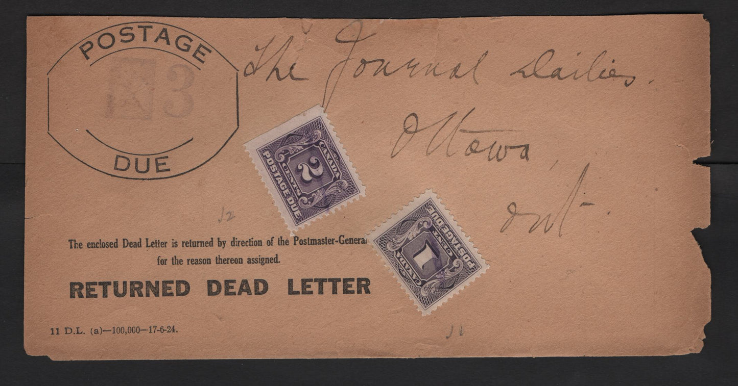 Lot 254 Canada #J1, J2a 1c-2c Violet Numerals, 1906-1928 First Postage Due Issue, A VG-F Returned Dead Letter Sleeve Franked With Singles, These Sleeves Contained The Dead Letter Being Returned