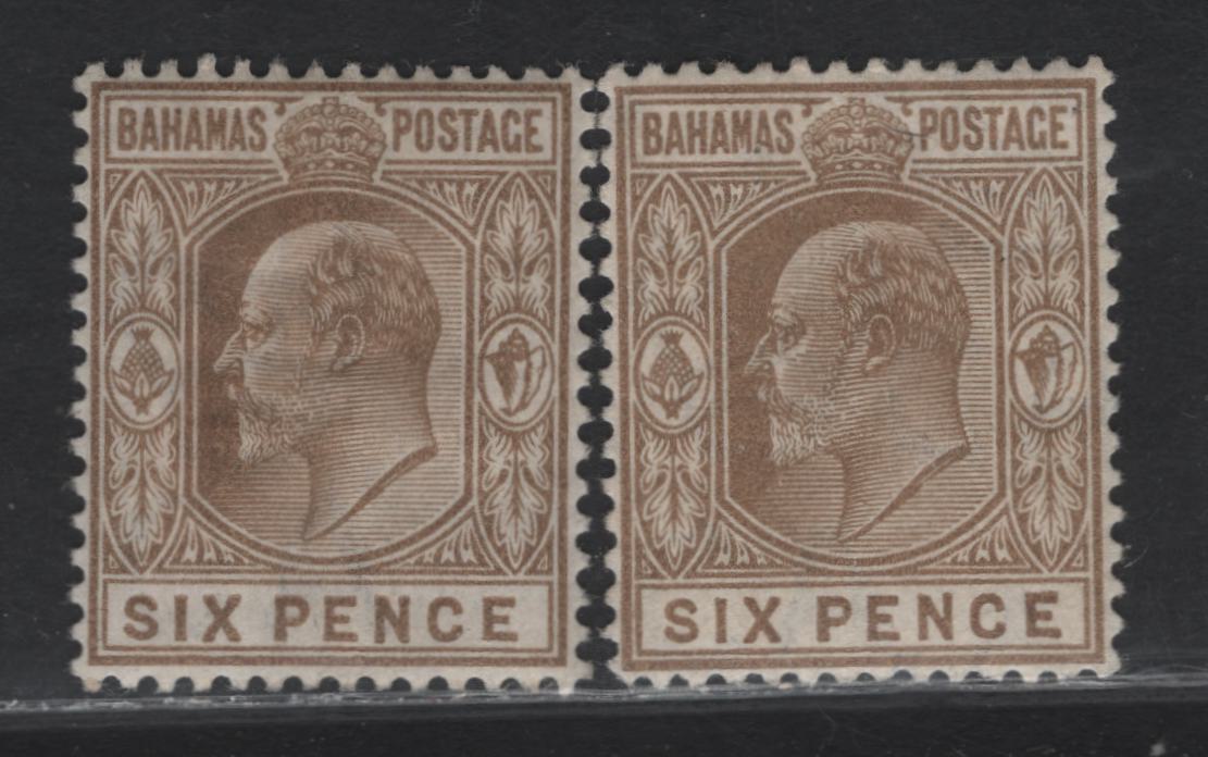 Lot 26 Bahamas SG#66, 74 6d Bistre Brown King Edward VII, 1902-1911 King Edward VII Keyplates Issue, 2 VFOG Singles, Crown CA & Multiple Crown CA Wmks