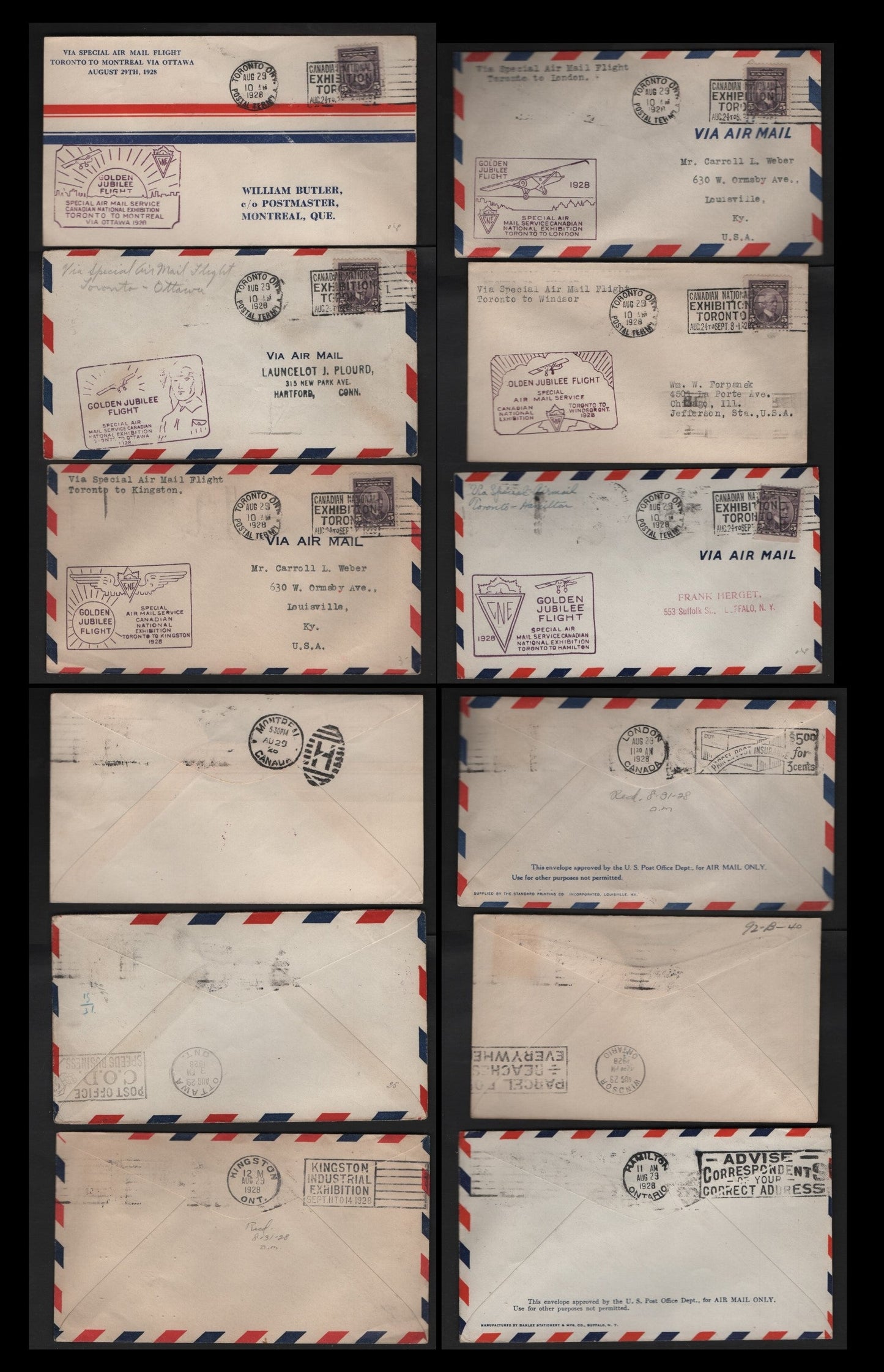 Canada AAMC#2839-b, 2839d-f 5c Dull Slate Violet Wilfred Laurier, 1927 Confederation Issue, 6 Fine & VF Commemorative Fight Covers CNE Golden Jubilee Flight: Toronto-Kingston/Ottawa/Montreal/Hamilton/Windsor/London