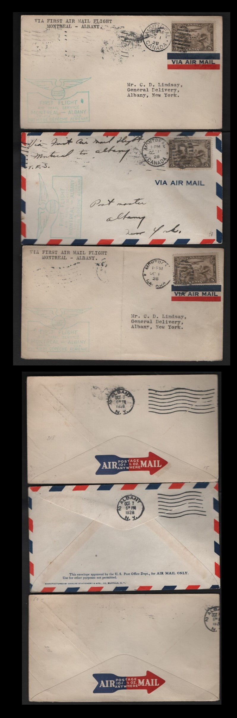 Lot 262 Canada AAMC#2847 5c Olive Brown Allegory Of Flight, 1928-1929 Scroll Issue Airmail, 3 VF Commemorative Fight Covers Montreal-Albany NY Flight, 3 Different Montreal Duplex Cancel