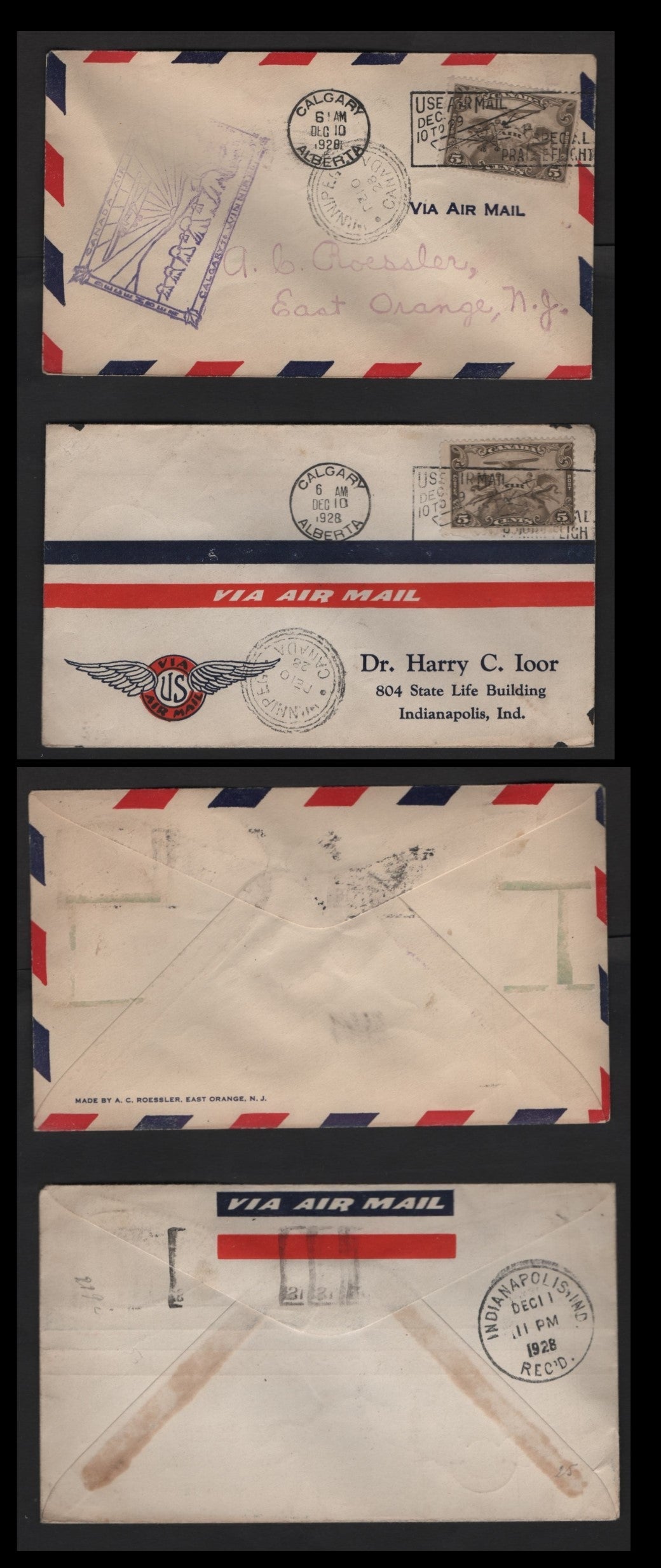 Lot 264 Canada AAMC#2853i 5c Olive Brown Allegory Of Flight, 1928-1929 Scroll Issue Airmail, 2 Fine Commemorative Fight Covers Calgary-Winnipeg Flight With and Without Cachet