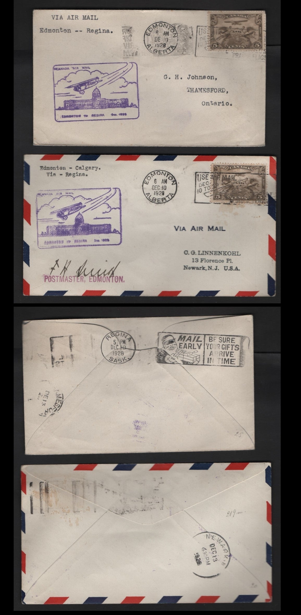 Lot 265 Canada AAMC#2853m 5c Olive Brown Allegory Of Flight, 1928-1929 Scroll Issue Airmail, 2 VF Commemorative Fight Covers Edmonton-Regina Flight, One Signed By Postmaster