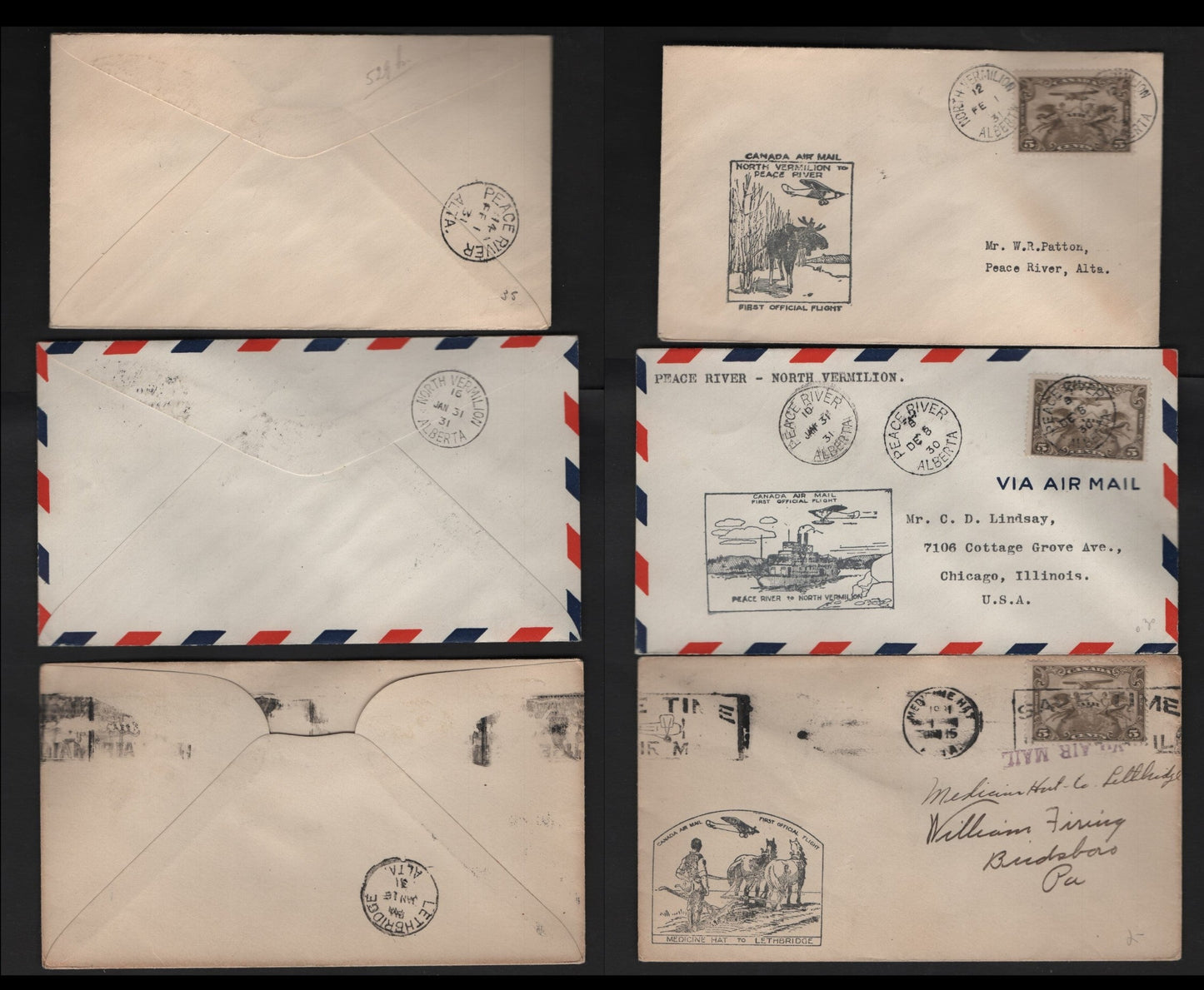 Lot 271 Canada AAMC#3101c, 3103b, h 5c Olive Brown Allegory Of Flight, 1928-1929 Scroll Issue Airmail, 3 Fine & VF Commemorative Fight Covers Medicine Hat-Lethbridge & North Vermilion/Peace River Flights