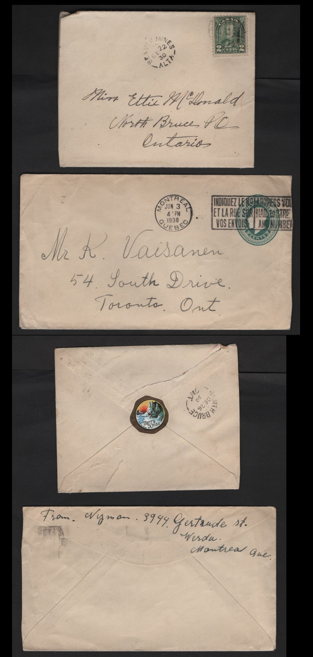 Lot 278 Canada #164, U27 2c  Green, Dull Yellow Green King George V, 1912-1930 Admiral & Arch Issues, A Fine Postal Stationery Envelope & VF Domestic Cover Beaver Mines AB and North Bruce ON Split Ring Cancels
