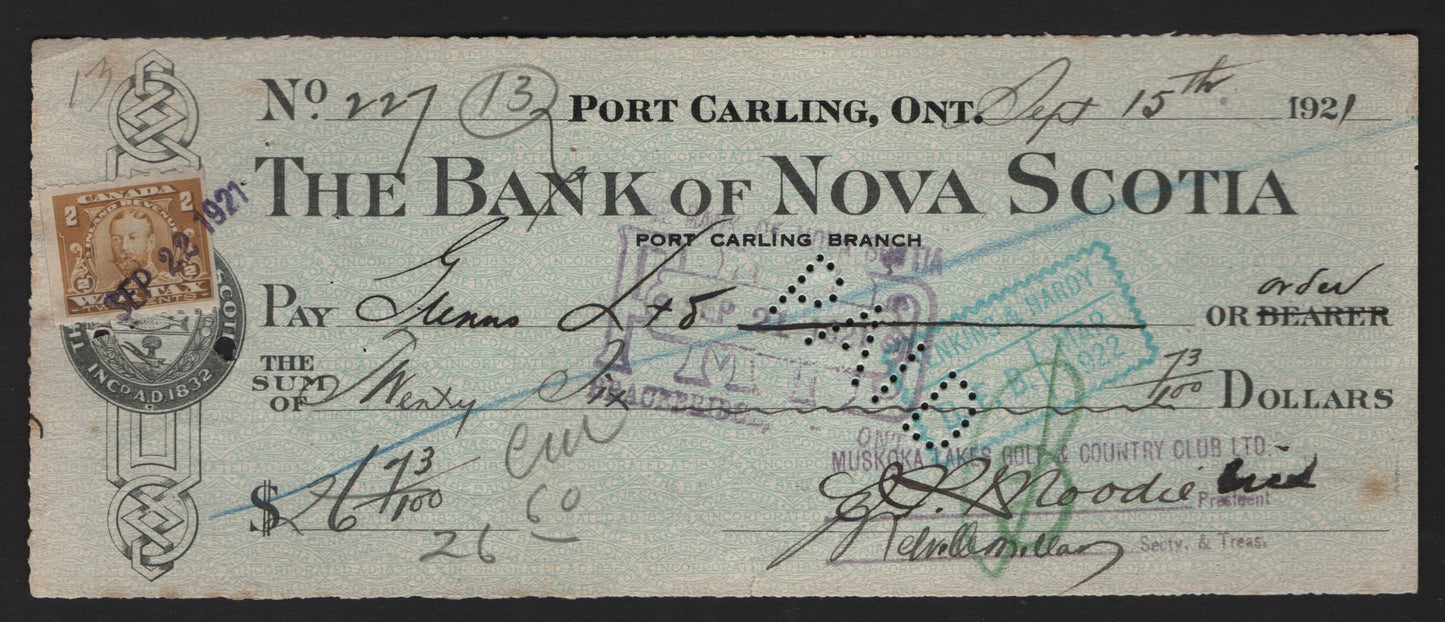 Lot 283 Canada #FWT18 2c Yellow Brown King George V, 1915 War Tax Issue, A VF Bank Of Nova Scotia Cancelled Cheque Franked With Coil Single