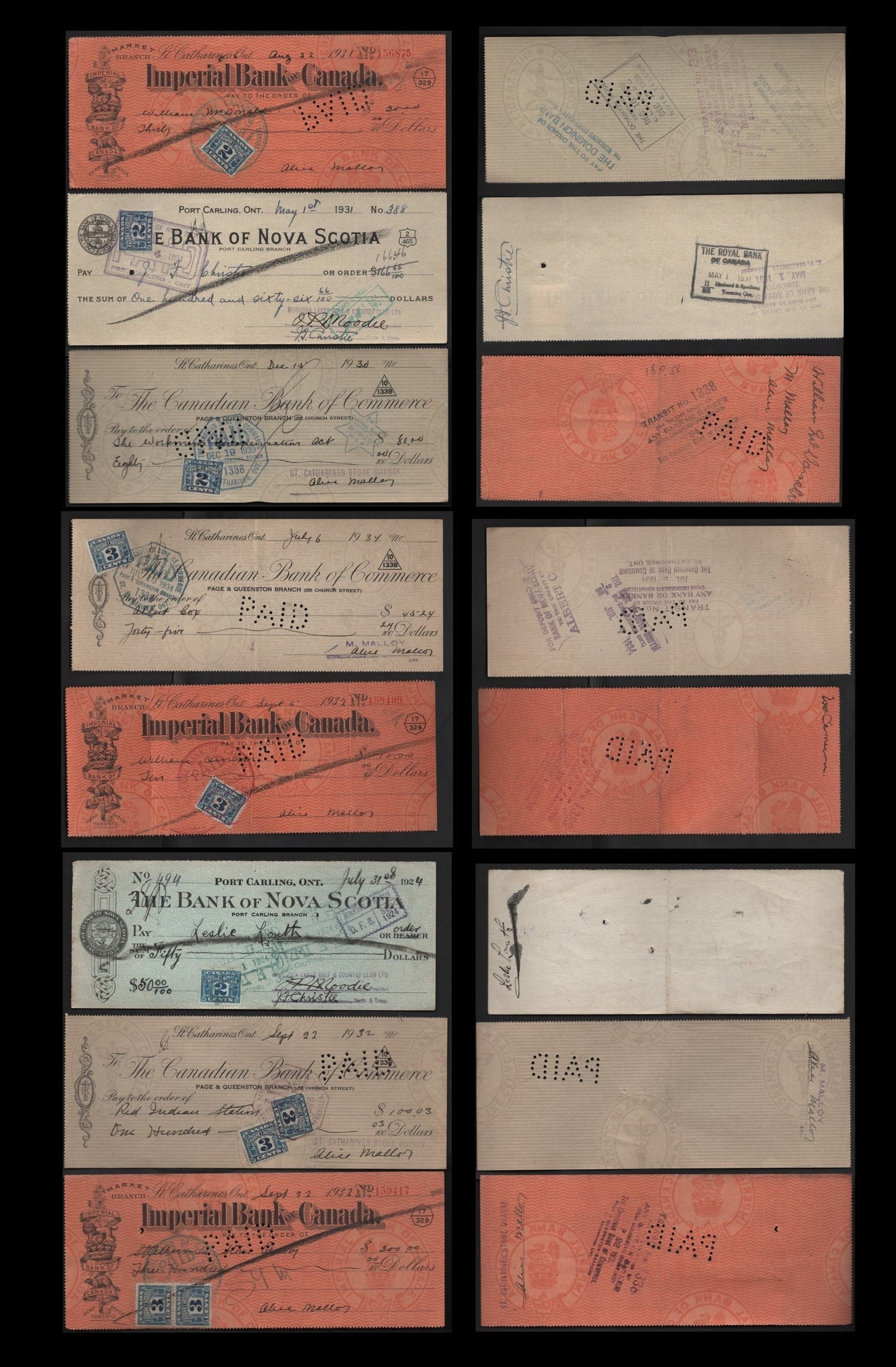 Canada #FX36, FX38 2c, 3c Blue & Light Blue Numeral, 1915-1928 Two Leaf Excise Tax Issue, 8 VF Cancelled Cheques Includes Imperial Bank of Canada, Canadian Bank of Commerce, Bank Of Nova Scotia, Various Frankings, Wet & Dry Printings