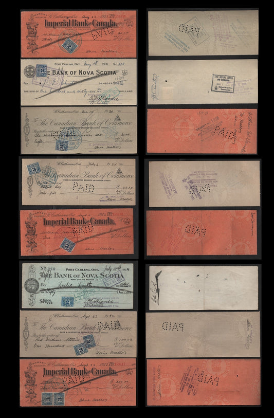Canada #FX36, FX38 2c, 3c Blue & Light Blue Numeral, 1915-1928 Two Leaf Excise Tax Issue, 8 VF Cancelled Cheques Includes Imperial Bank of Canada, Canadian Bank of Commerce, Bank Of Nova Scotia, Various Frankings, Wet & Dry Printings