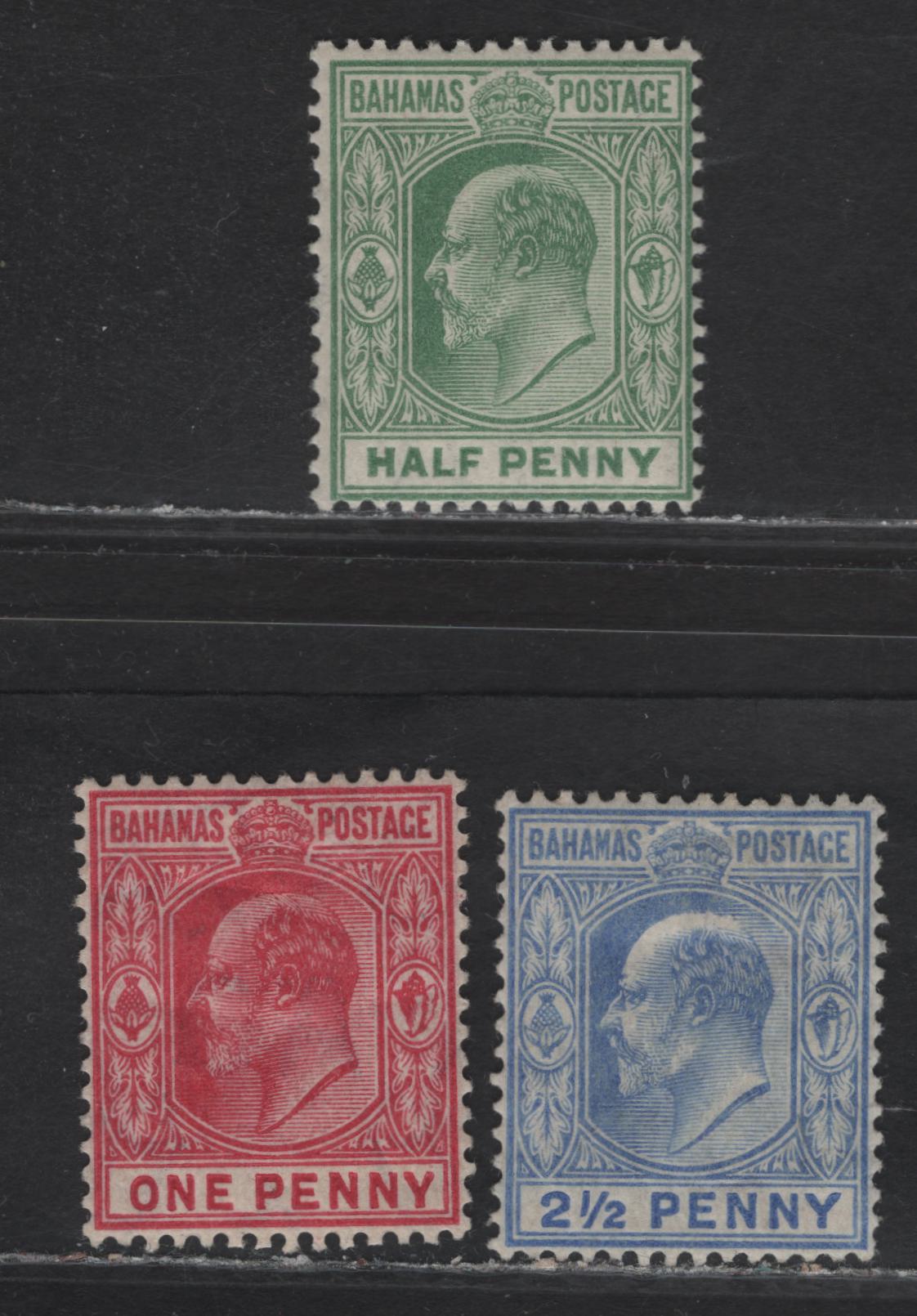 Lot 29 Bahamas SG#71-73 1/2d Pale Green - Ultramarine King Edward VII, 1906-1911 King Edward VII Keyplate Issue, 3 F/VFOG Singles, Multiple Crown CA Wmks