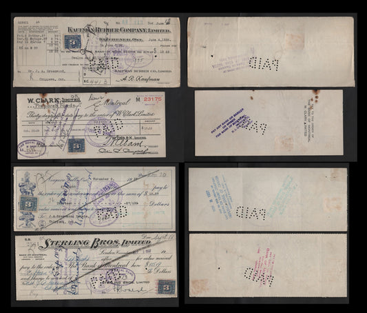 Canada #FX64 3c Blue Numeral, 1934-1948 Three Leaf Excise Tax, 4 Fine & VF Imperial Bank Of Canada & Private Company Cancelled Cheques Imperial Bank Of Commerce, Sterling Bros Ltd., W. Clark Ltd., Kaufman Rubber Company