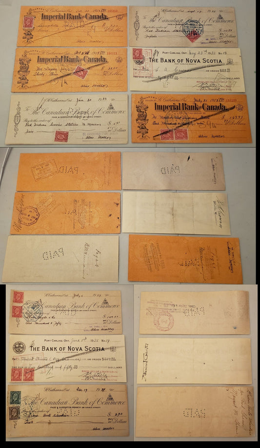 Canada #195-197, 197c 1c-3c Dark Green - Scarlet King George V, 1932-1935 Medallion Issue, 9 VF Cancelled Cheques Canadian Bank of Commerce, Bank of Nova Scotia & Imperial Bank Of Canada, Both Dies of 3c