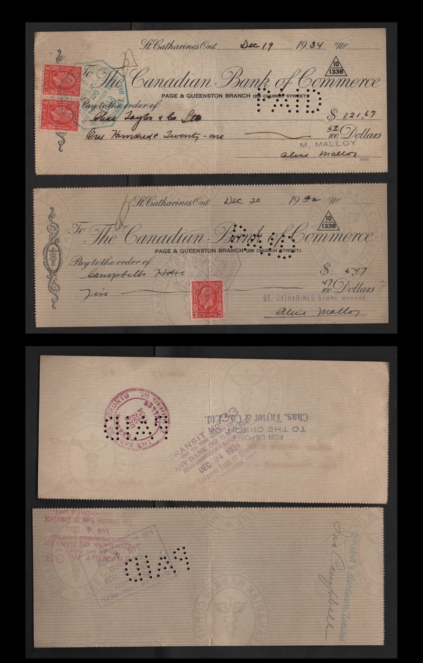 Lot 296 Canada #197 3c Scarlet King George V, 1932-1935 Medallion Issue, 2 VF Canadian Bank Of Commerce Cancelled Cheques Die 1 - Much Scarcer Than Die 2