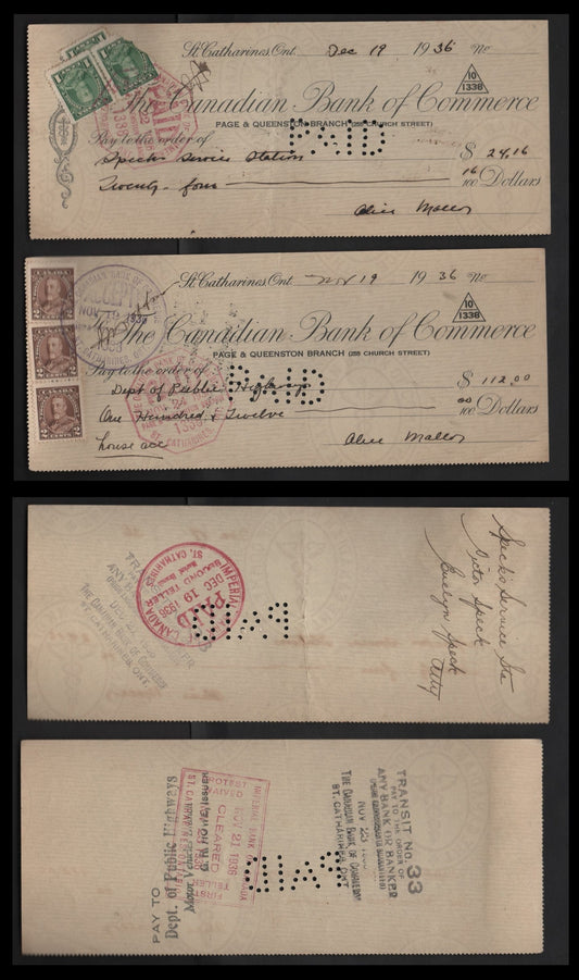 Canada #217-218 1c-2c Green & Brown King George V, 1935-1937 Dated Die Issue, 2 VF Canadian Bank Of Commerce Cancelled Cheques