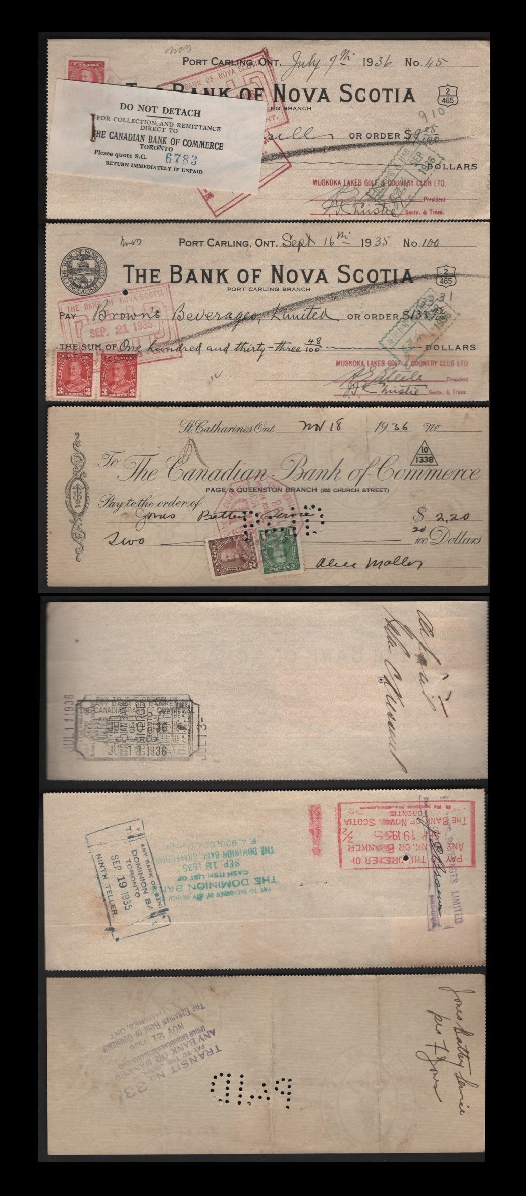 Lot 298 Canada #217-219 1c-3c Green-Carmine Red King George V, 1935-1937 Dated Die Issue, 3 VF Canadian Bank Of Commerce & Bank of Nova Scotia Cancelled Cheques