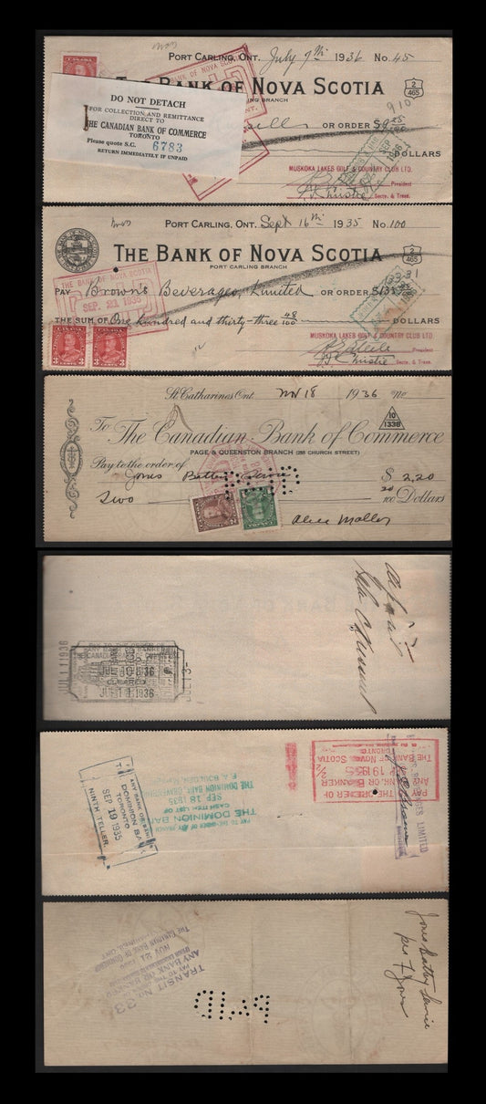 Canada #217-219 1c-3c Green-Carmine Red King George V, 1935-1937 Dated Die Issue, 3 VF Canadian Bank Of Commerce & Bank of Nova Scotia Cancelled Cheques