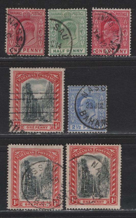 Lot 30 Bahamas SG#58, 62, 71-73, 75-a 1d Black & Red - Gray Black & Scarlet Queens Staircase, 1901-1919 Queens Staircase Definitive Issues, 7 Very Good/Fine/Very Fine Used Singles, Crown CC & Multiple Crown CA Wmks