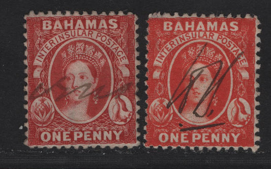 Lot 3 Bahamas SG#24, 25 1d Red - Vermillion Queen Victoria, 1863-1877 Chalon Heads Issue, 2 Very Fine Used Singles, Perf 12.5, Crown CC WMk, Fiscal Cancels.