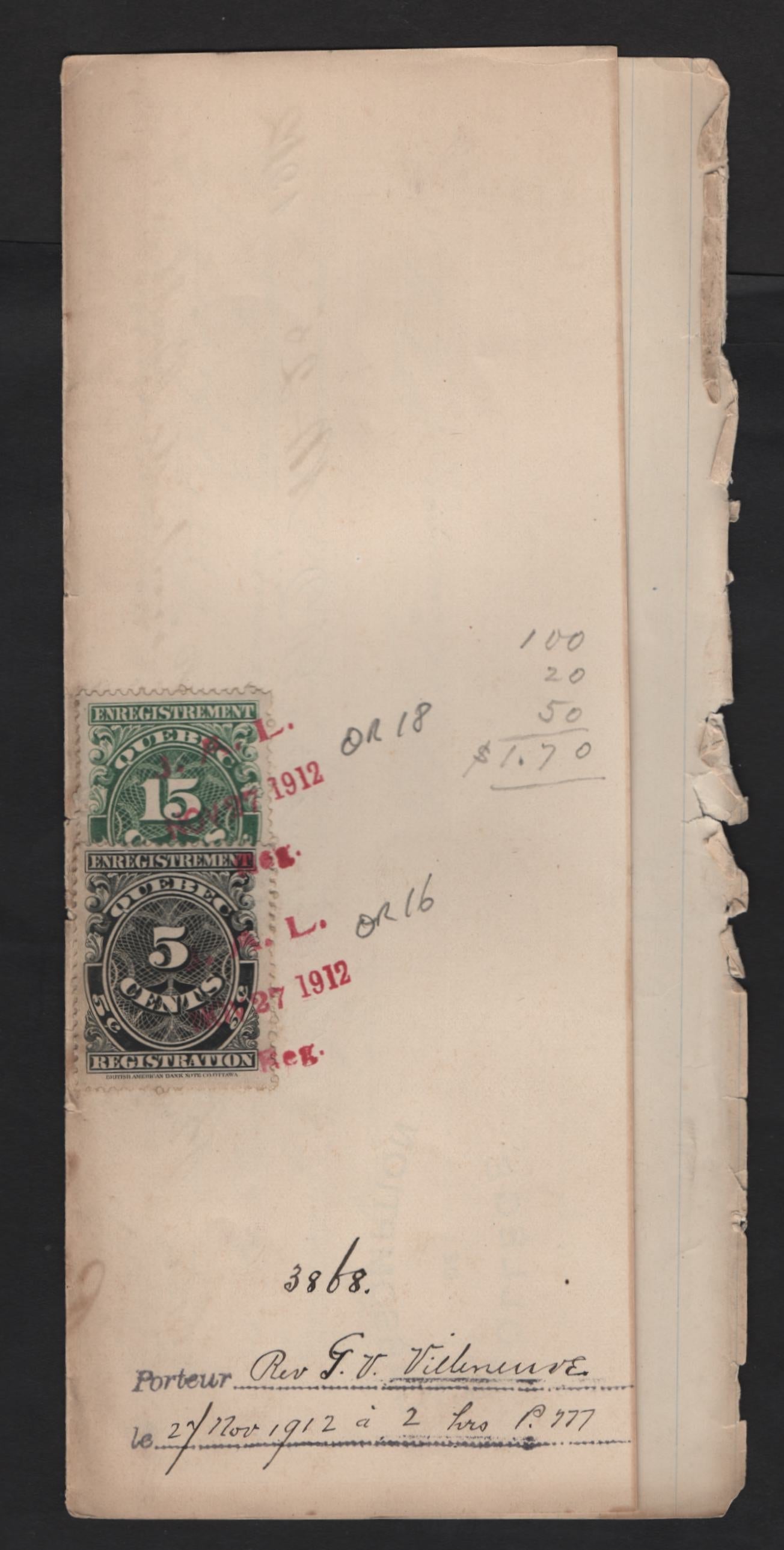 Lot 301 Canada - Province of Quebec #QR16, QR18 5c, 15c Black & Green Numeral, 1912 Registration Issue, A F-VF Affidavit