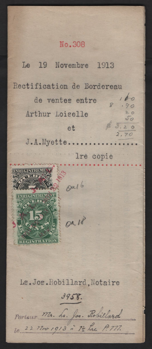 Canada - Province of Quebec #QR16, QR18 5c, 15c Black & Green Numeral, 1912 Registration Issue, A VF Amendment to Contract/Registration of Judgement