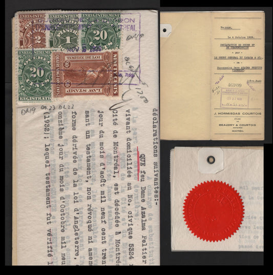 Lot 303 Canada - Province of Quebec #QL64, QR19, QR22, QR23 20c, 90c, $1-$2 Red Brown, Green & Olive Gren Justice & Numeral, 1912 Law Issue & Registration Issue, A VF Declaration of Death & Transmission by Canada Trust