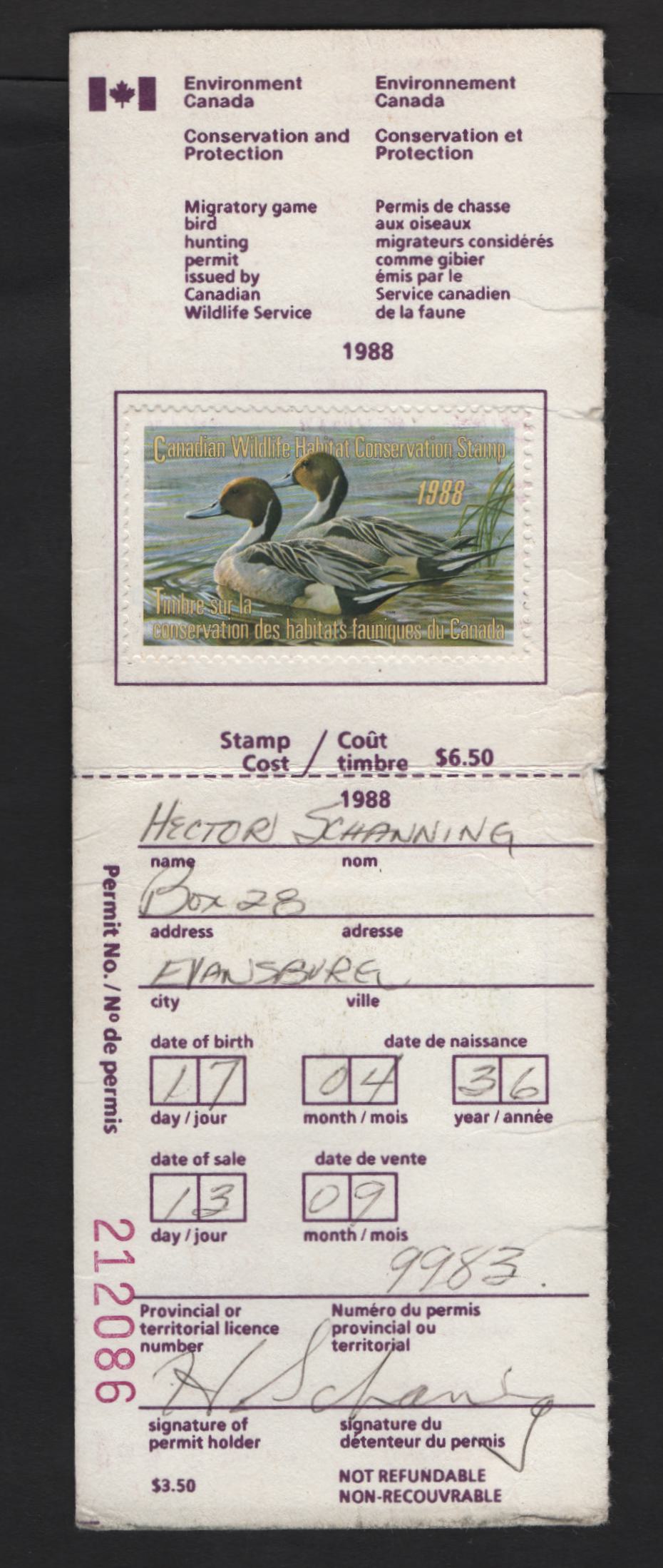 Lot 307 Canada #FWH4a 6.5 Multicoloured Pintails, 1988 Migratory Bird Connservation Issue, A VF 1988 Migratory Bird Hunting Licence Intact, With Both Halves, Minor Edge Wear