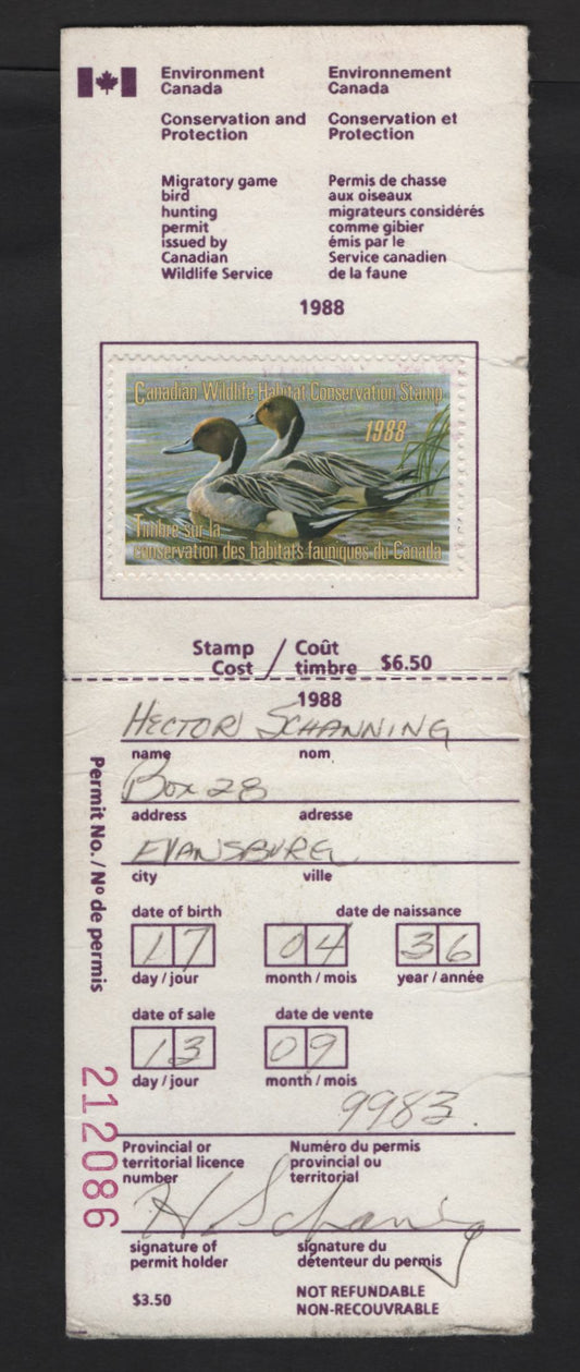 Lot 307 Canada #FWH4a 6.5 Multicoloured Pintails, 1988 Migratory Bird Connservation Issue, A VF 1988 Migratory Bird Hunting Licence Intact, With Both Halves, Minor Edge Wear