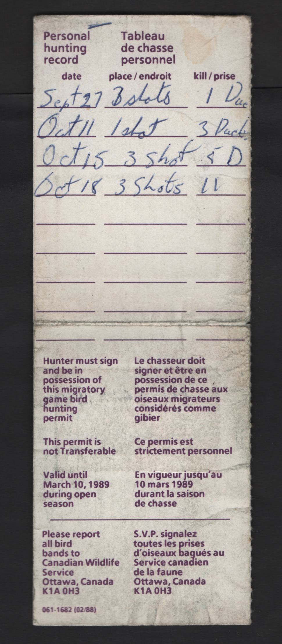 Lot 307 Canada #FWH4a 6.5 Multicoloured Pintails, 1988 Migratory Bird Connservation Issue, A VF 1988 Migratory Bird Hunting Licence Intact, With Both Halves, Minor Edge Wear
