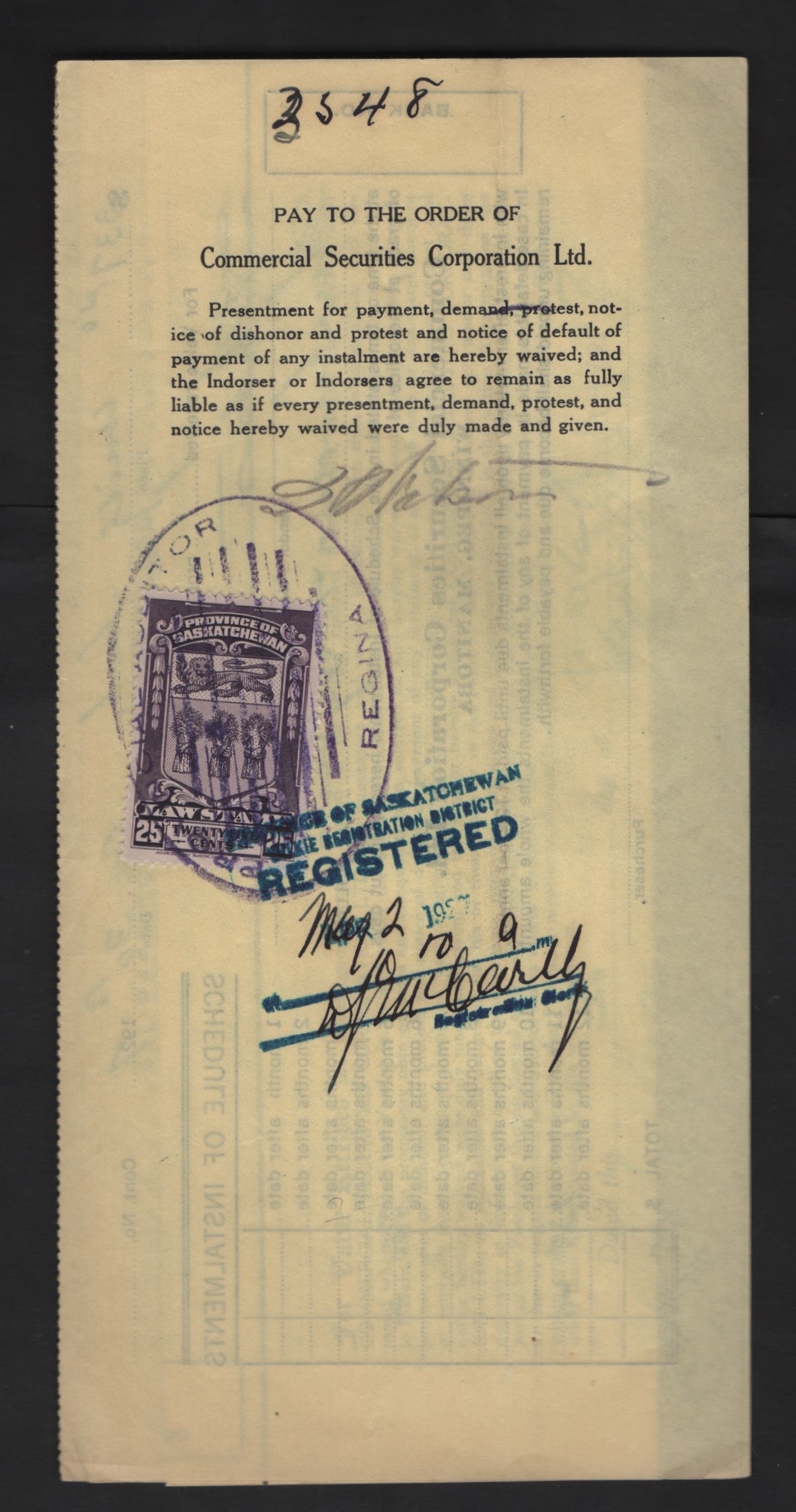 Lot 309 Canada - Province of Saskatchewan #SL36 25c Lilac Coat Of Arms, 1908-1938 First Law Stamp Issue, A VF Retail Financing Agreement For The Purchase Of a 1926 Ford, Franked With A Single
