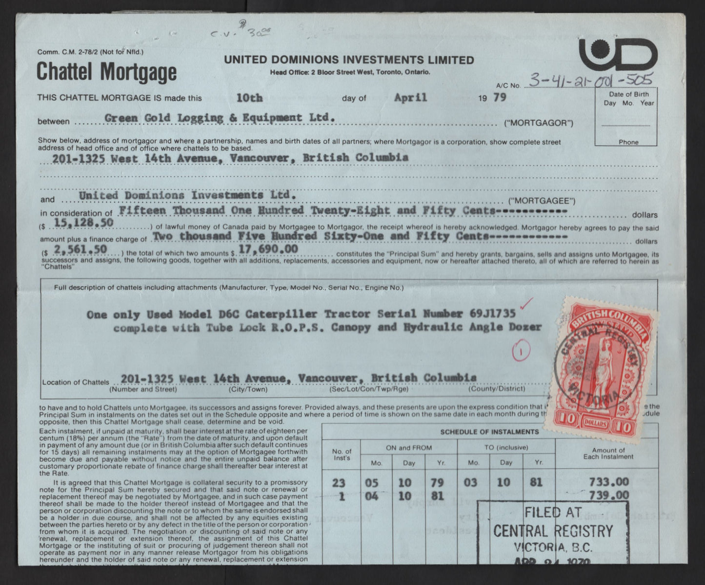Lot 310 Canada - Province of British Columbia #BCL57 10 Light Red Justice, 1958-1970 Eleventh Law Series , A VF 1979 Chattel Mortgage For Caterpiller Tractor Franked With Single