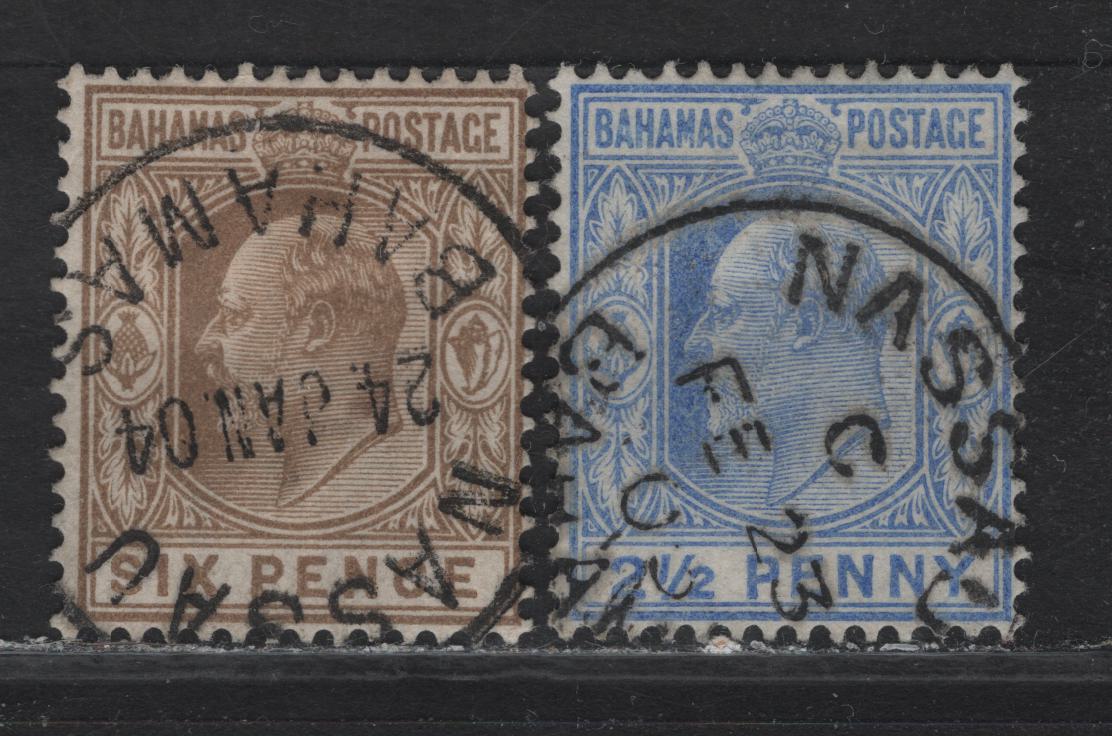 Lot 31 Bahamas SG#63, 66 1/2d - 6d Ultramarine - Bistre Brown King Edward VII, 1902-1907 King Edward VII Keyplates Issue, 2 Fine/Very Fine Used Singles, Crown CA Wmk, SON 1904 & 1905 Nassau CDS