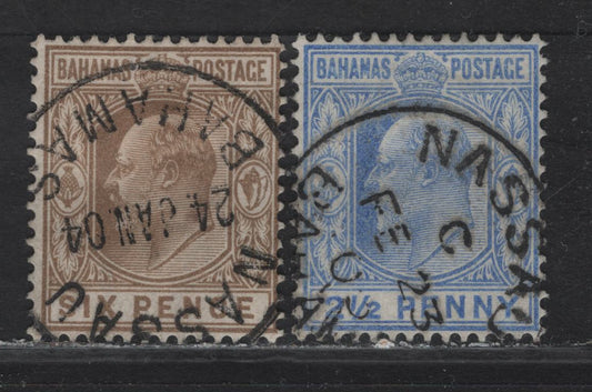 Lot 31 Bahamas SG#63, 66 1/2d - 6d Ultramarine - Bistre Brown King Edward VII, 1902-1907 King Edward VII Keyplates Issue, 2 Fine/Very Fine Used Singles, Crown CA Wmk, SON 1904 & 1905 Nassau CDS