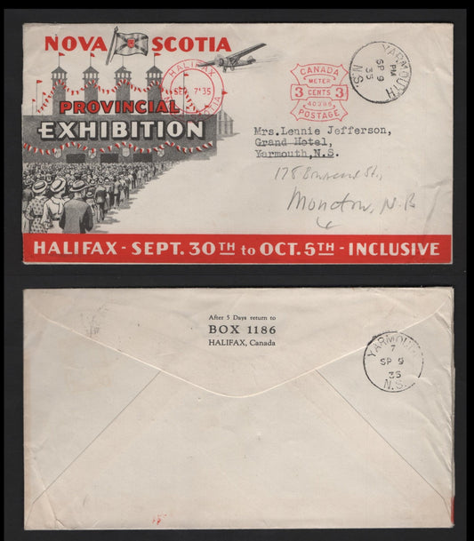 Lot 311 Canada 3c Red A VF Nova Scotia Provincial Exhibition Meter Cover With Additional 1935 Yarmouth CDS Cancel