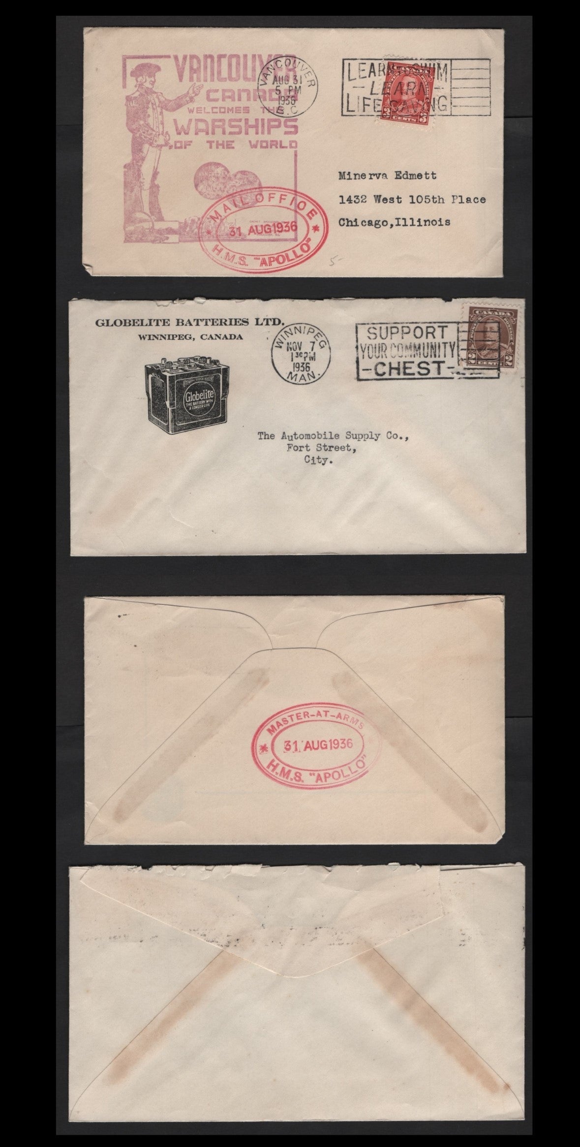 Lot 315 Canada #218 2c Brown King George V, 1935-1937 Dated Die Issue, A VF Corner Card Advertising Cover & HMS Apollo Commemorative Ship Cover Globelite Batteries