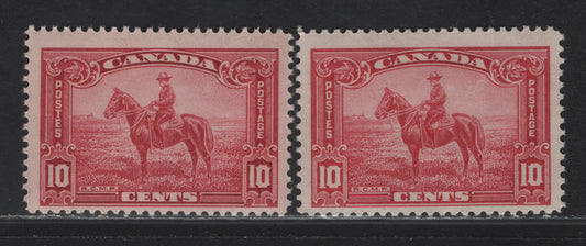 Lot 322 Canada (C) #223, 223i 10c Carmine Rose - Deep Rose RCMP, 1935 KGV Pictorial Issue, 2 FOG Singles, CBN-EE & CBN-QQQ Papers, Perf 12