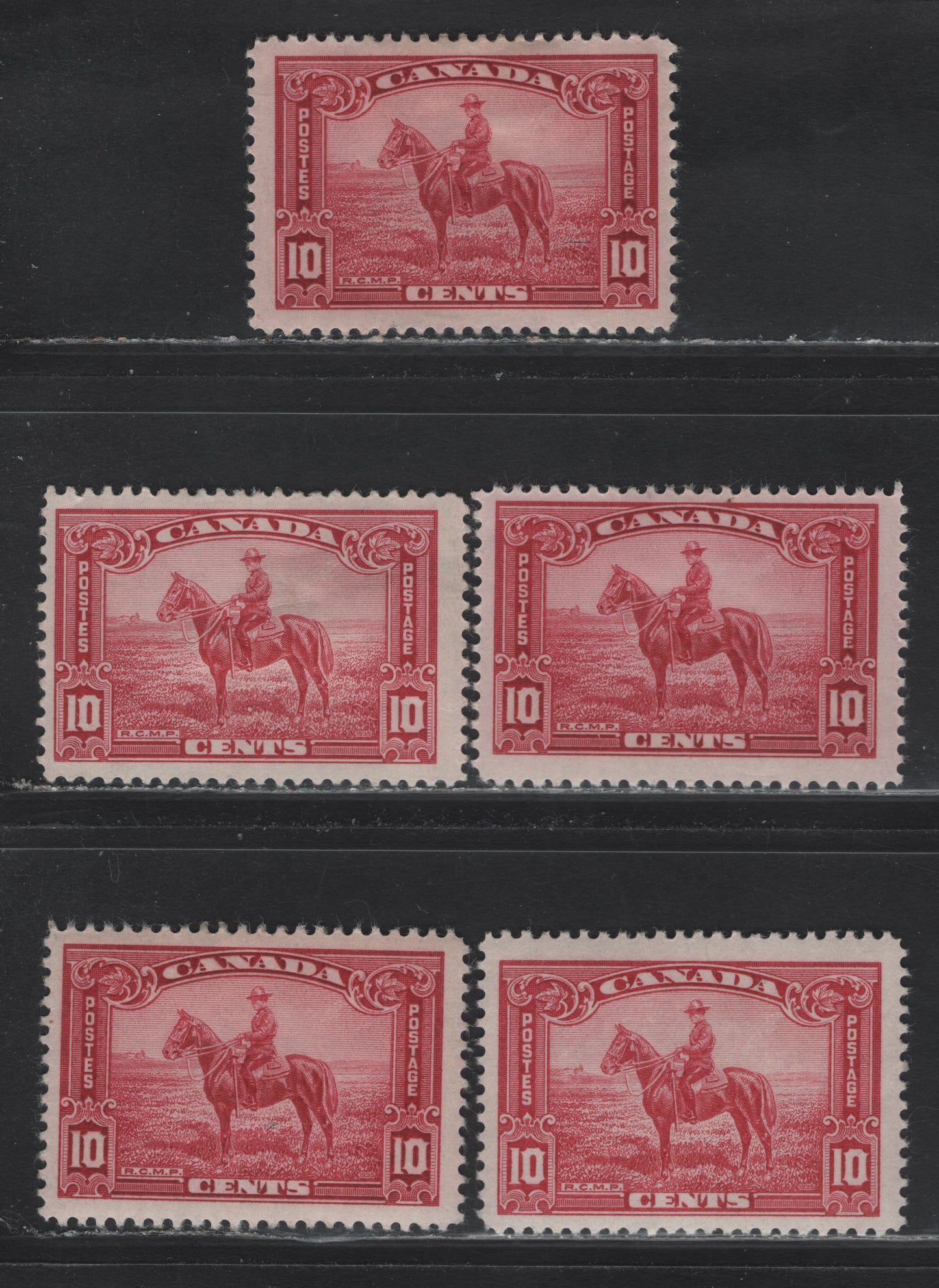 Lot 323 Canada (C) #223 10c Carmine Rose -Carmine RCMP, 1935 KGV Pictorial Issue, 5 FOG Singles, CBN-EE, CBN-QQQ, CBN-SSS & CBN-TTT Papers, Perfs 11.9x12, 12x11.9 & 12