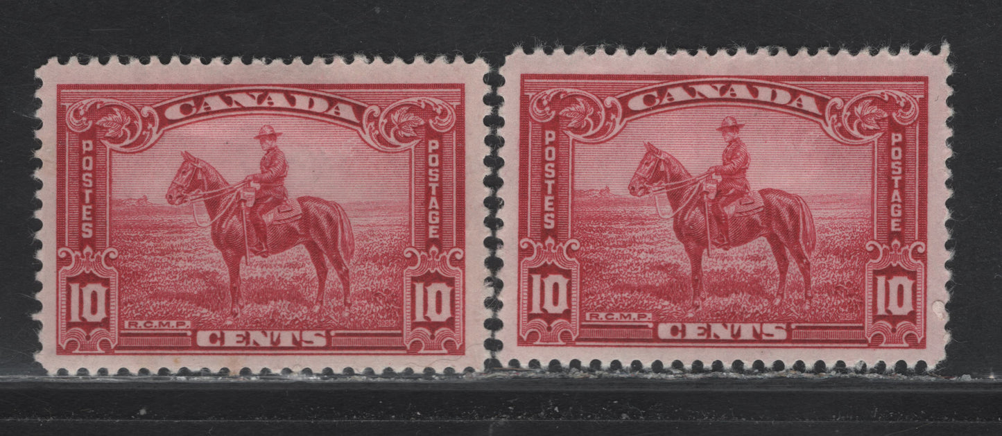 Lot 324 Canada (C) #223i 10c Deep Carmine RCMP, 1935 KGV Pictorial Issue, 2 VFOG Singles, CBN-SSS Paper, Perf 12 & 11.9x12