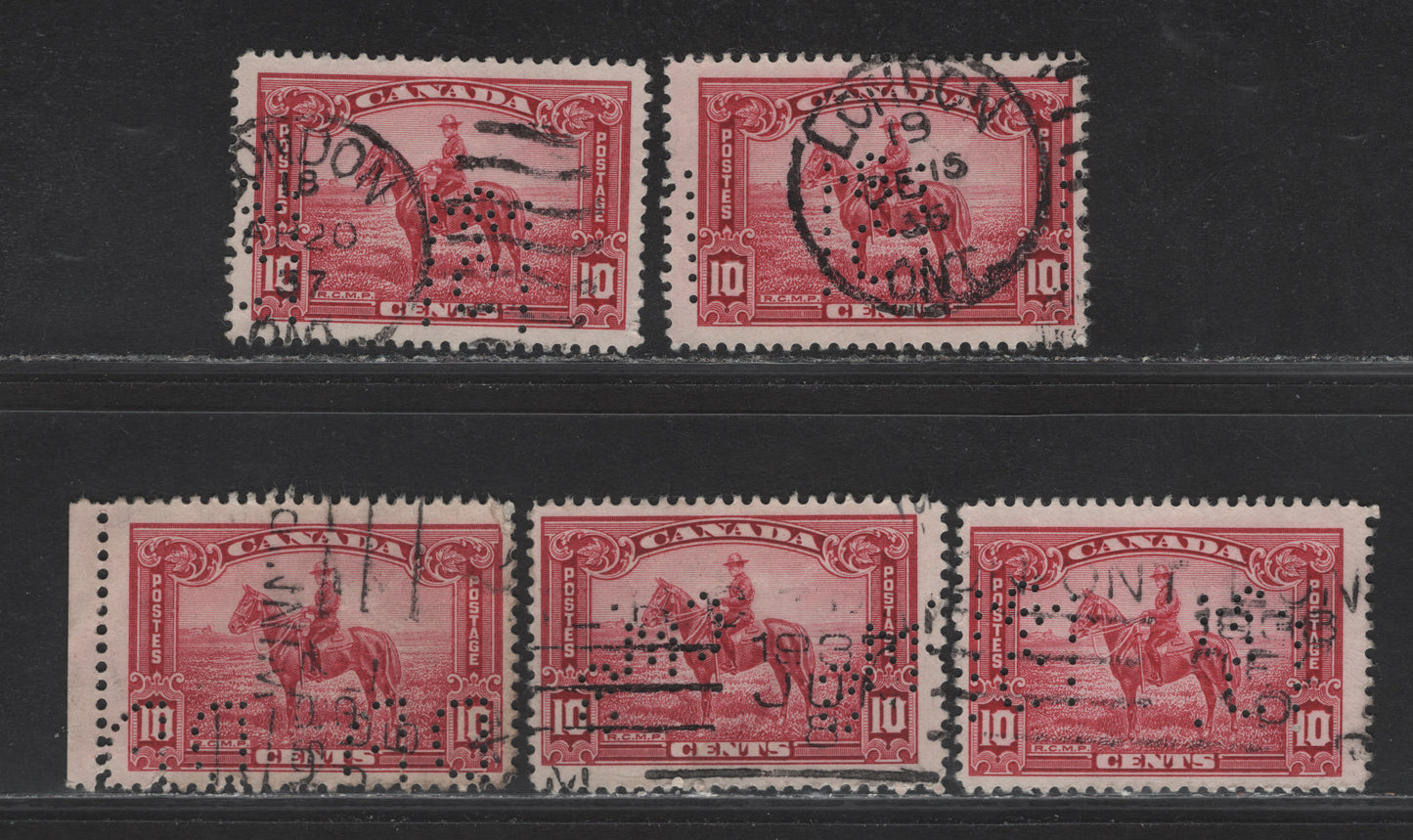 Lot 325 Canada (C) #223 10c Deep Carmine Rose RCMP, 1935 KGV Pictorial Issue, 5 Fine/Very Fine Used Singles, Various Papers With McClary Manufacturing Perfins (Full & Missing Pins), Consolidated Mining & Smelting and Winnipeg Parke-Davis Co