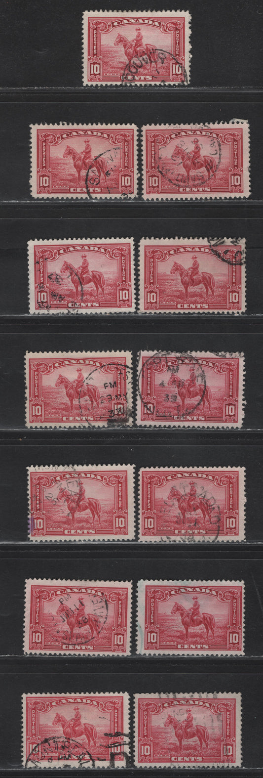 Lot 328 Canada #223-223i 10c Dark Carmine - Light Carmine Rose RCMP, 1935 KGV Pictorial Issue, 13 Fine Used Singles, Showing Full Range Of Shades, Useful For Reference, Unchecked As To Paper & Perf.