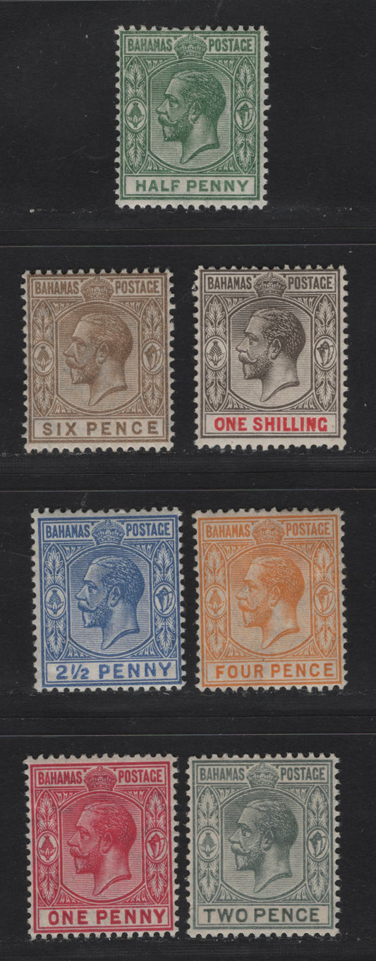 Lot 33 Bahamas SG#81a, 82-87 1/2d - 1/- Yellow Green - Gray Black & Carmine King George V, 1912-1919 KGV Keyplate Issue, 7 F/VFOG Singles, Multiple Crown CA Wmks