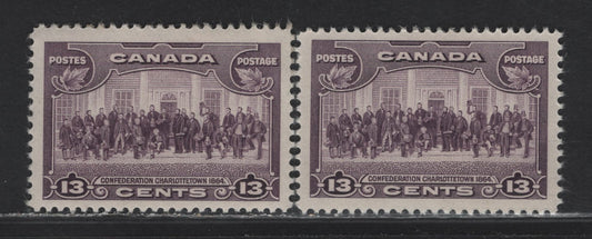 Lot 333 Canada (C) #224 13c Deep Rose Lilac Charlottetown, 1935 KGV Pictorial Issue, 2 VFOG Singles, Paper CBN-QQQ, Perf 12.9x12 & 12.1x11.8
