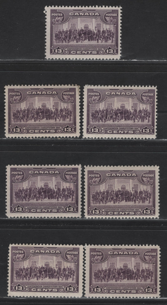 Lot 334 Canada (C) #224 13c Dull Violet - Deep Rose Lilac Charlottetown, 1935 KGV Pictorial Issue, 7 FOG Singles, CBN-GG, CBN-QQQ & CBN-XXX Papers, Perfs 12.1x11.9, 12, 12x11.85, 11.95, 11.8x12 & 11.9x12