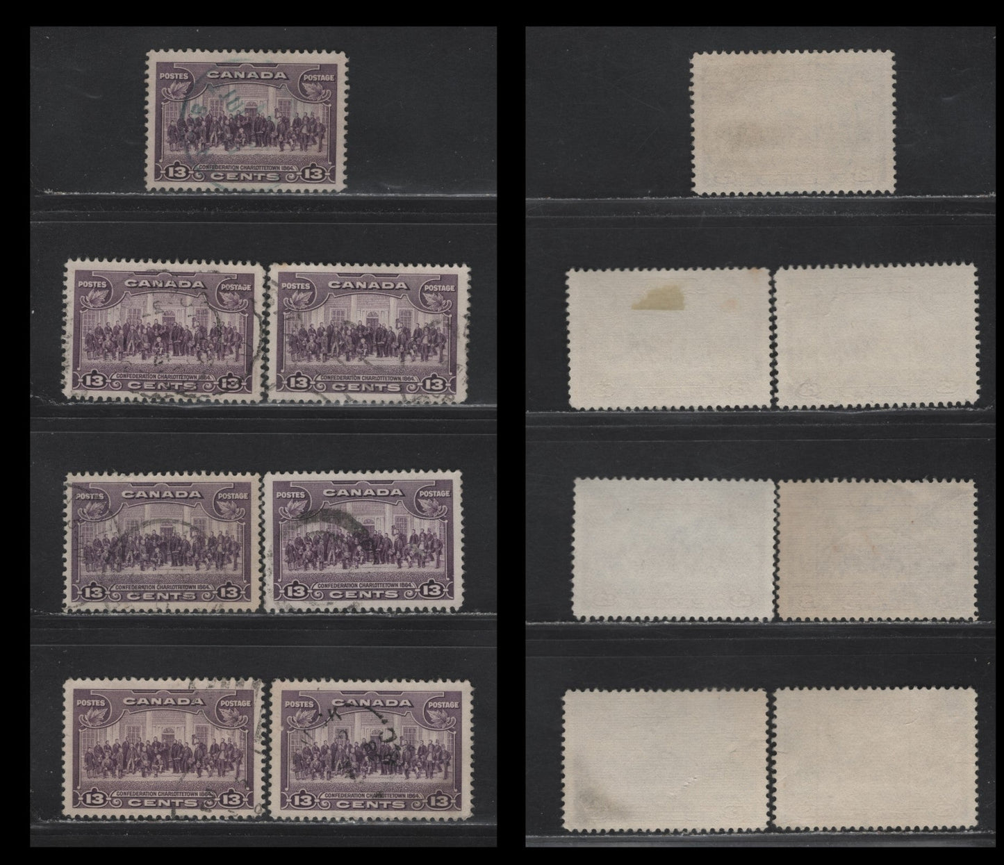 Lot 336 Canada #224 13c Deep Rose Lilac & Dull Violet Charlottetown, 1935 KGV Pictorial Issue, 7 Very Fine Used Singles, Unchecked As To Paper Type & Exact Perf