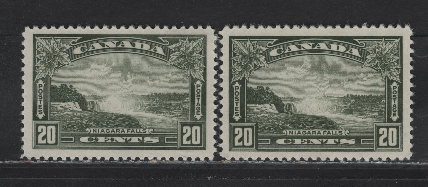 Lot 339 Canada #225 20c Deep Bronze Green - Deep Olive Green Niagara Falls, 1935 KGV Pictorial Issue, 2 VFOG Singles, Papers CBN-RRR & CBN-QQQ, Perf 12x11.9 & 11.9