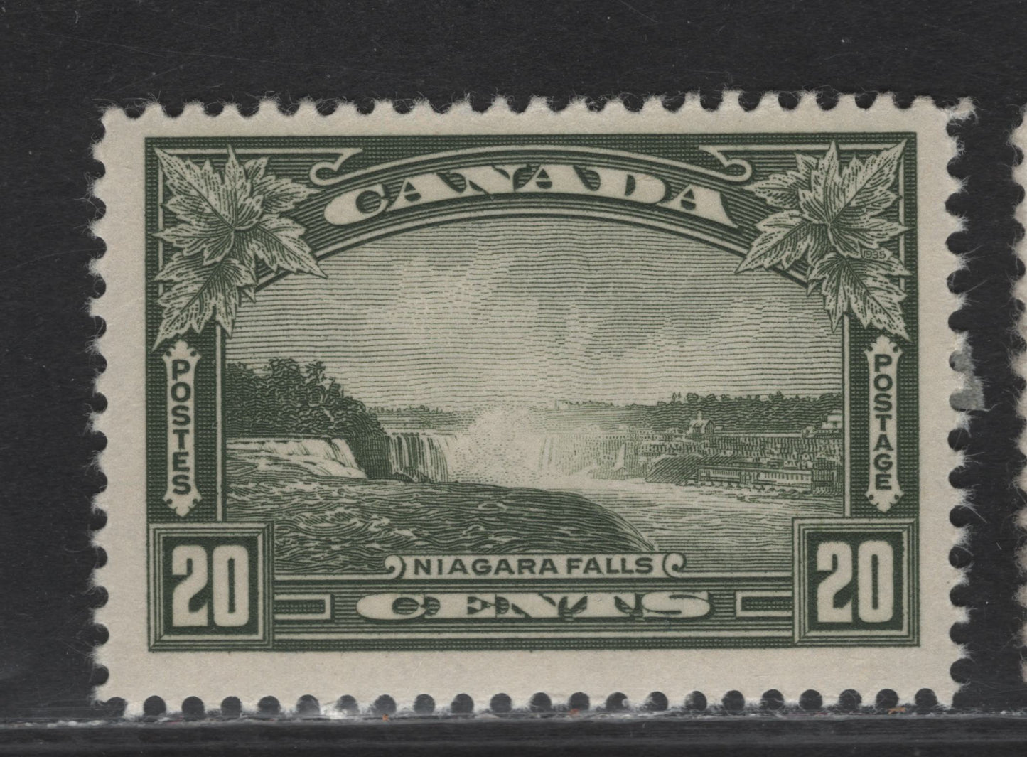 Canada (C) #225 20c Deep Bronze Green Niagara Falls, 1935 KGV Pictorial Issue, A FOG Single, Paper CBN-QQQ, Perf 12x11.9
