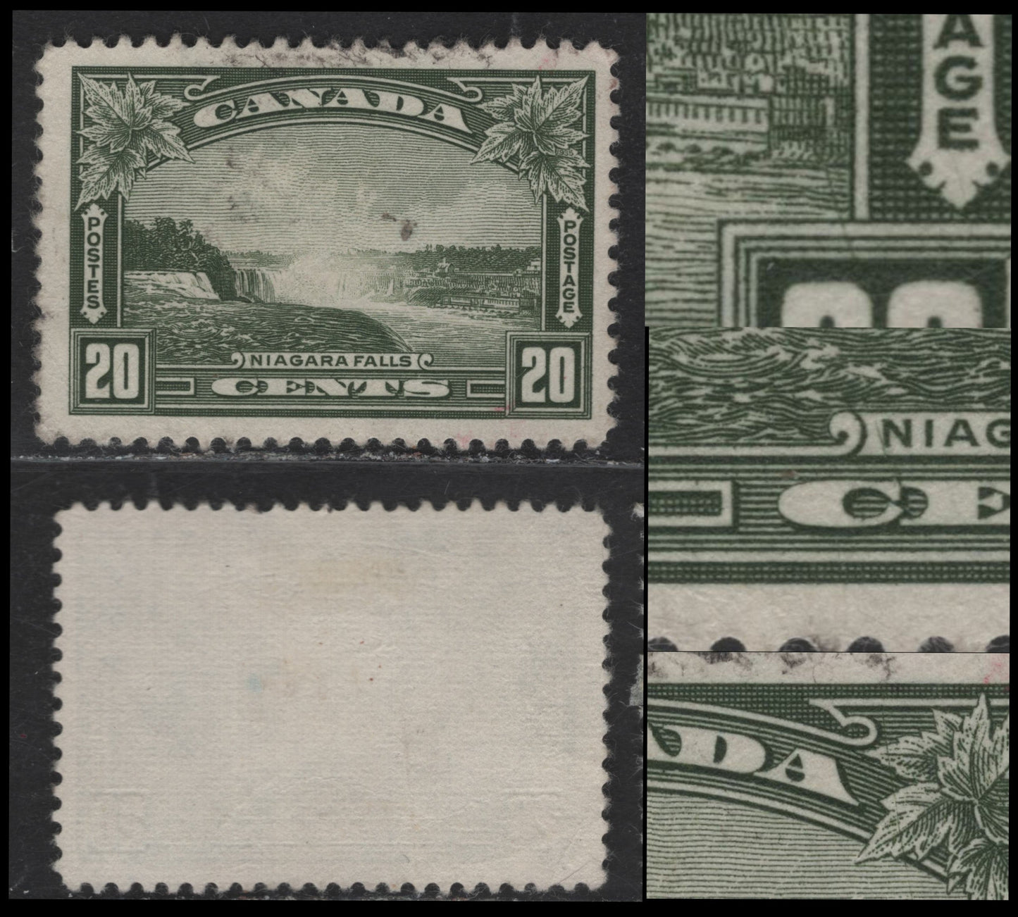 Lot 344 Canada #225var 20c Deep Bronze Green Niagara Falls, 1935 KGV Pictorial Issue, A Fine Used Single, Horizontal Wove (Ribbed) Paper, Showing Diagonal Scratches On 3 Areas Of The Design