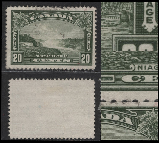 Lot 344 Canada #225var 20c Deep Bronze Green Niagara Falls, 1935 KGV Pictorial Issue, A Fine Used Single, Horizontal Wove (Ribbed) Paper, Showing Diagonal Scratches On 3 Areas Of The Design