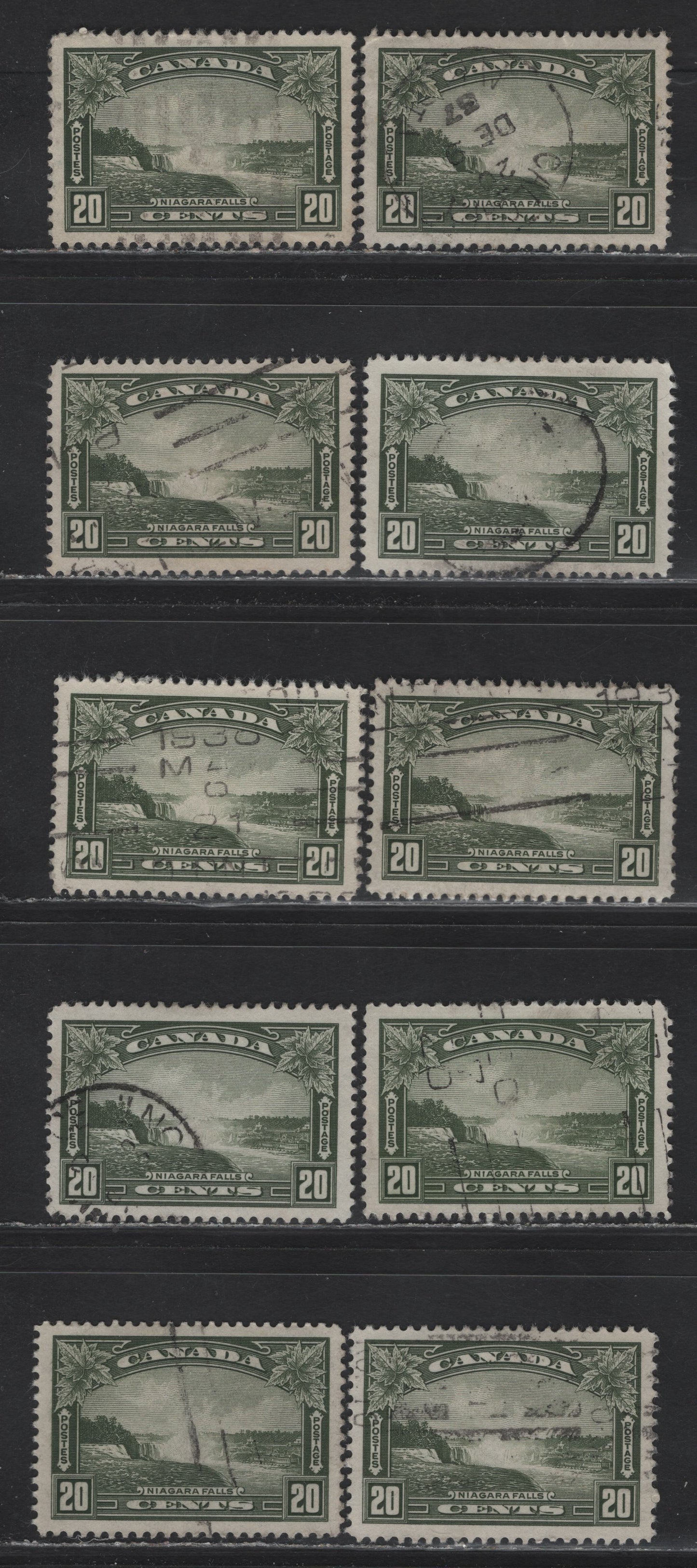 Canada #225 20c Bronze Green & Olive Green Niagara Falls, 1935 KGV Pictorial Issue, 10 Very Fine Used Singles, Unchecked As To Paper Type & Exact Perf