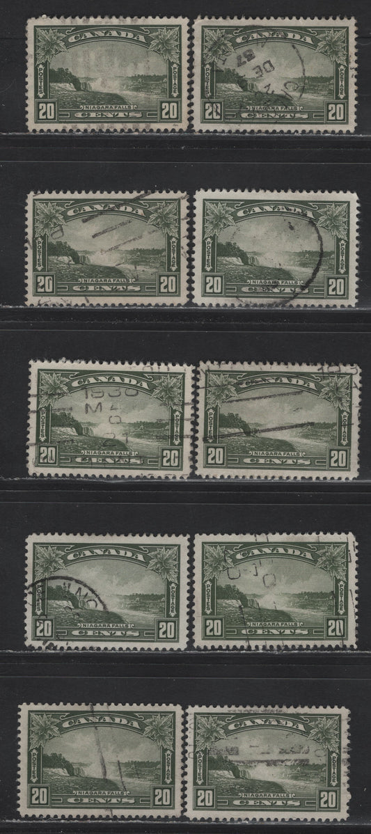 Canada #225 20c Bronze Green & Olive Green Niagara Falls, 1935 KGV Pictorial Issue, 10 Very Fine Used Singles, Unchecked As To Paper Type & Exact Perf