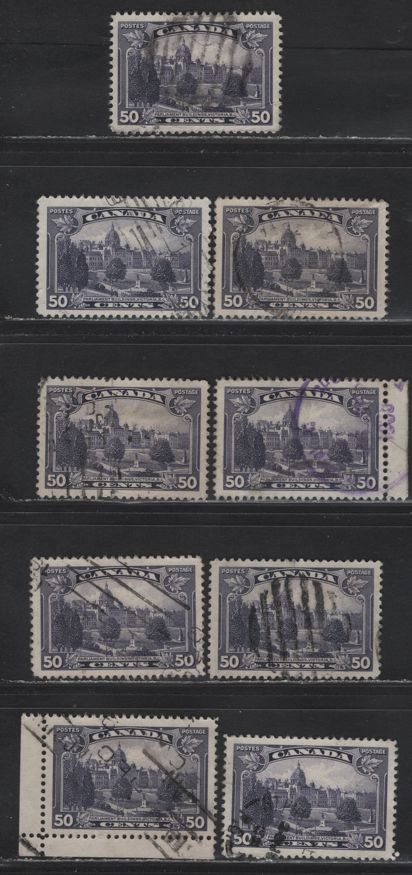 Lot 358 Canada #226 50c Dull Slate Violet Parliament, 1935 KGV Pictorial Issue, 9 Very Fine Used Singles, Various Papers, Unchecked As to Type Or Perf