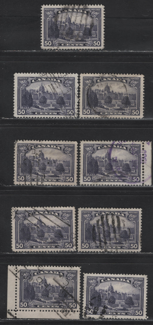Lot 358 Canada #226 50c Dull Slate Violet Parliament, 1935 KGV Pictorial Issue, 9 Very Fine Used Singles, Various Papers, Unchecked As to Type Or Perf